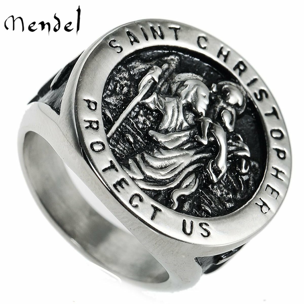MENDEL Mens Stainless Steel Catholic Signet St Saint Christopher Ring Size 7-15