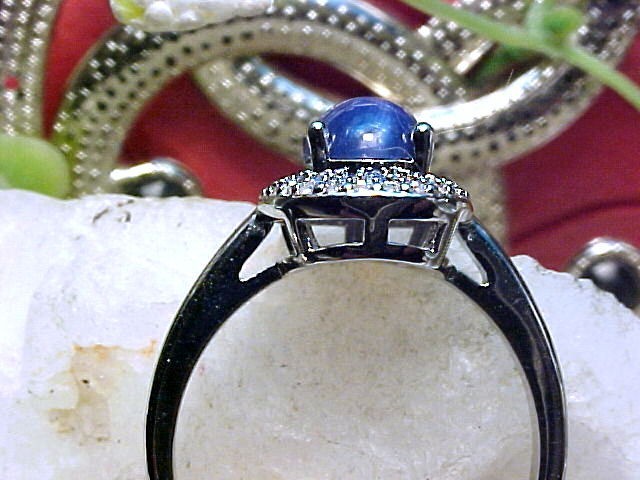 Genuine Blue Star Sapphire Ring 8x6mm & Blue Topaz 925SS White Gold Finish Sz 10