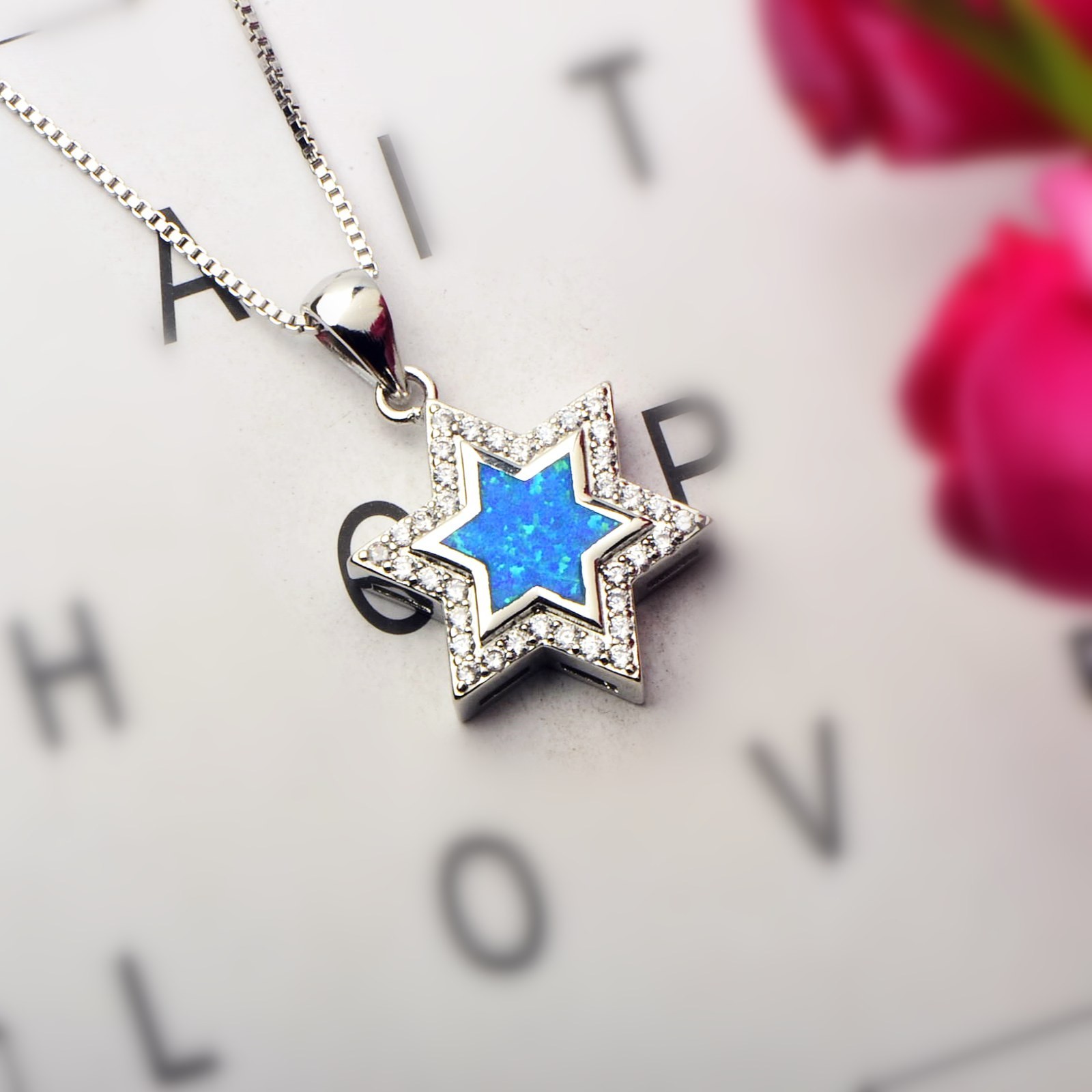 Vikoly Blue Fire Opal Hexagonal Star Necklace Silver Filled For Women Girls