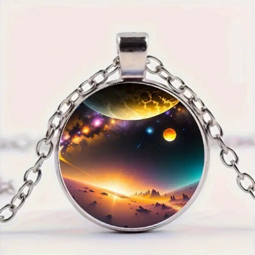 Retro Shiny Sunrise Pattern Round Pendant Necklace, Bohemian Style