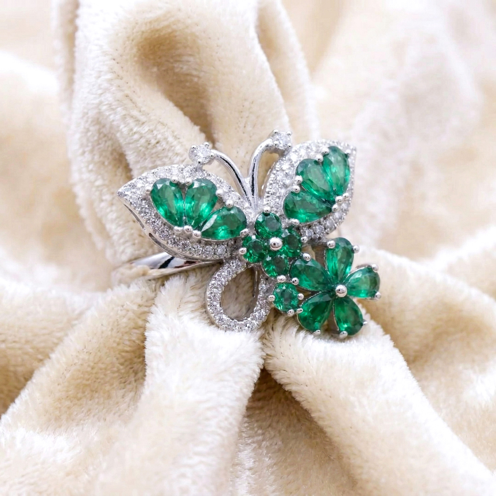 925 Sterling Silver Lab Created Emerald Butterfly Ring, Floral CZ Statement Ring