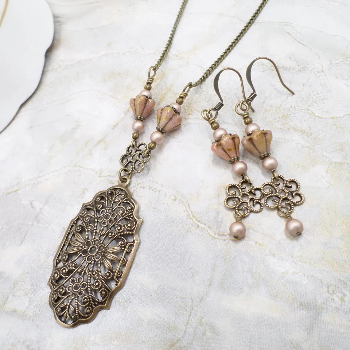Victorian Style Brass Filigree Blush Pink Flower & Pearl Necklace Set