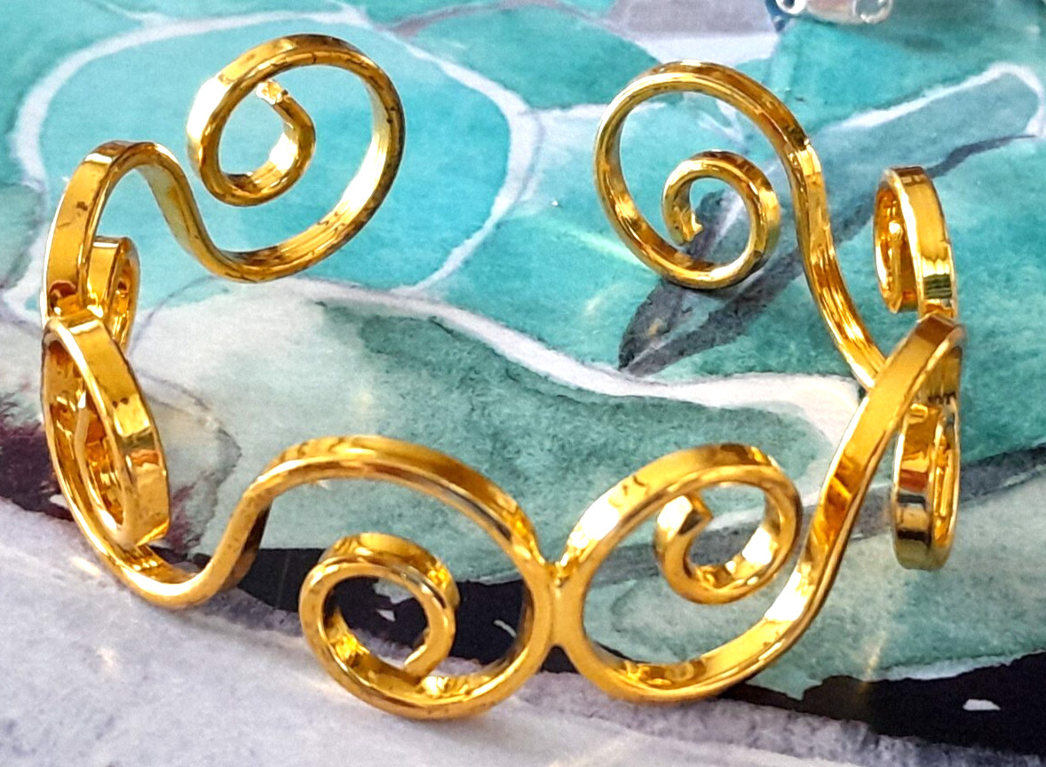 Gold Tone Open Work Curlicue Beautiful Metal Open Cuff Bracelet Fits Average 7″