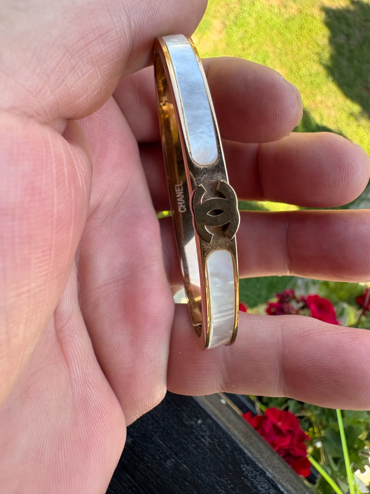 CHANEL CC Mother of Pearl Bangle Bracelet Gold Tone Hinged Cuff