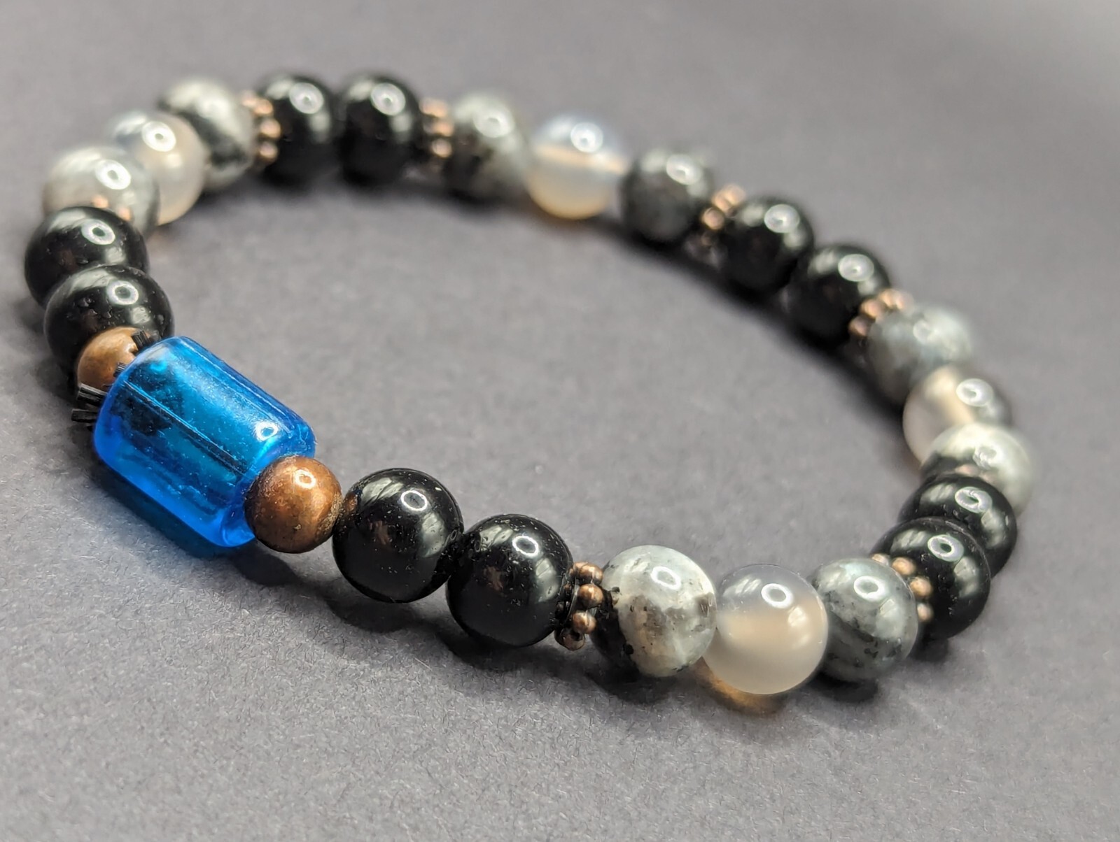 Labradorite / Grey Agate / Black 8mm Beaded Stretch Bracelet (18cm) Medium Wrist