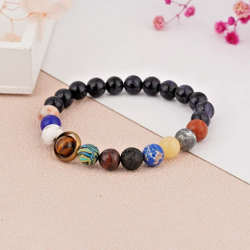 Men’s Eight Planets Natural Stone Chakra Bracelet Cosmic Healing Energy Beads