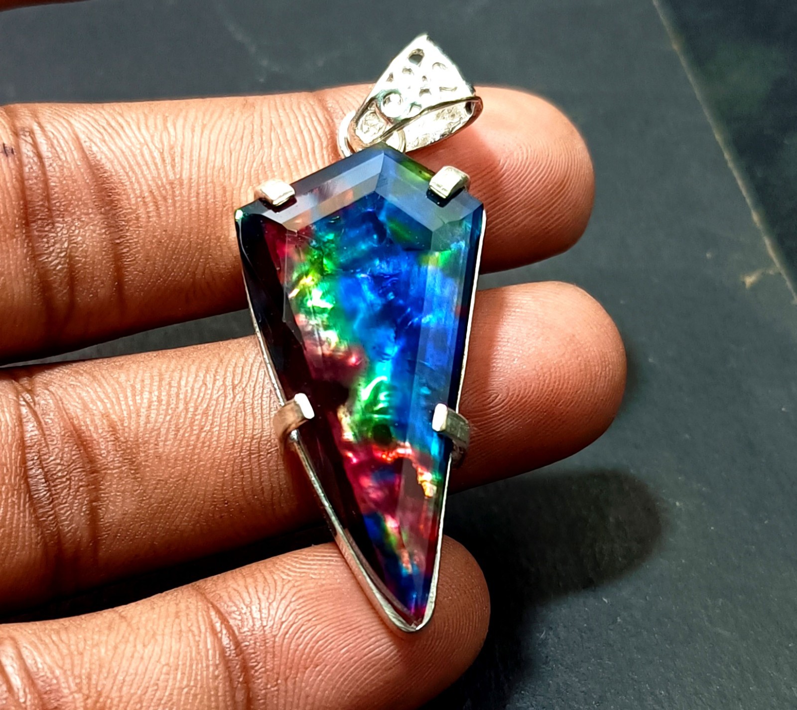 GIE Certified 49.25Ct Natural Ammolite 925 Solid Silver Rainbow Pendant Gemstone