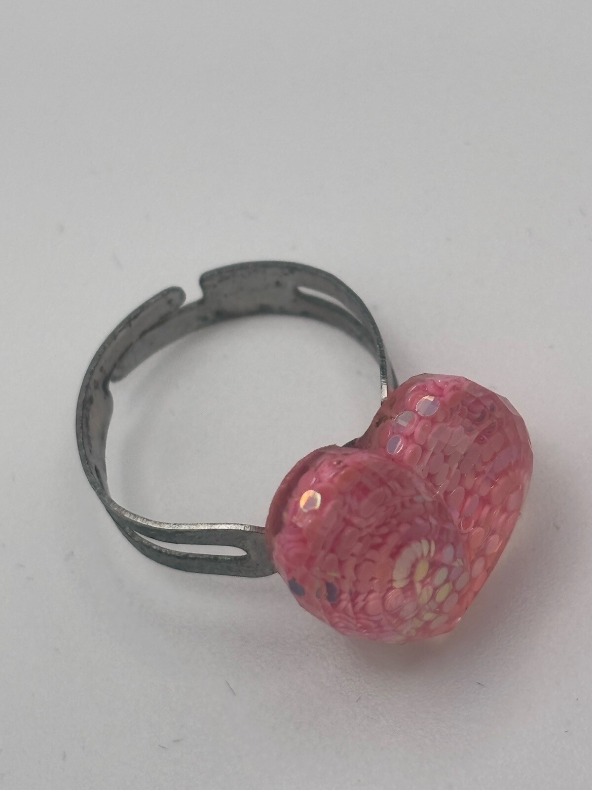 Pink Sparkly Reflective Plastic 3D Heart Ring Adjustable Size 5