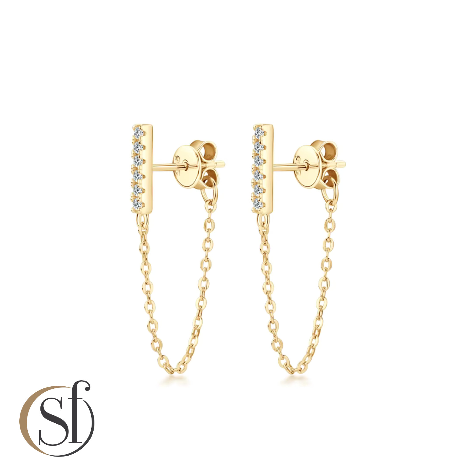 Moissanite Bar Chain Drop Earrings | Sterling Silver | 14K White or Yellow Gold