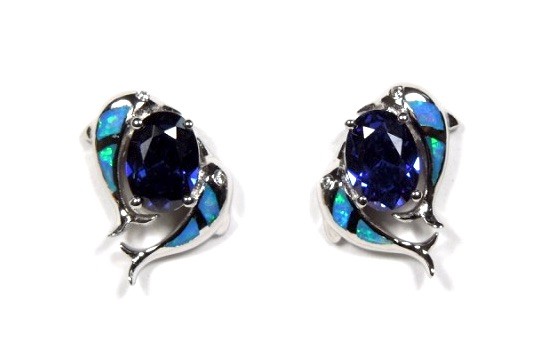 Tanzanite and Blue Fire Opal Inlay Solid 925 Sterling Silver Dolphin Earrings
