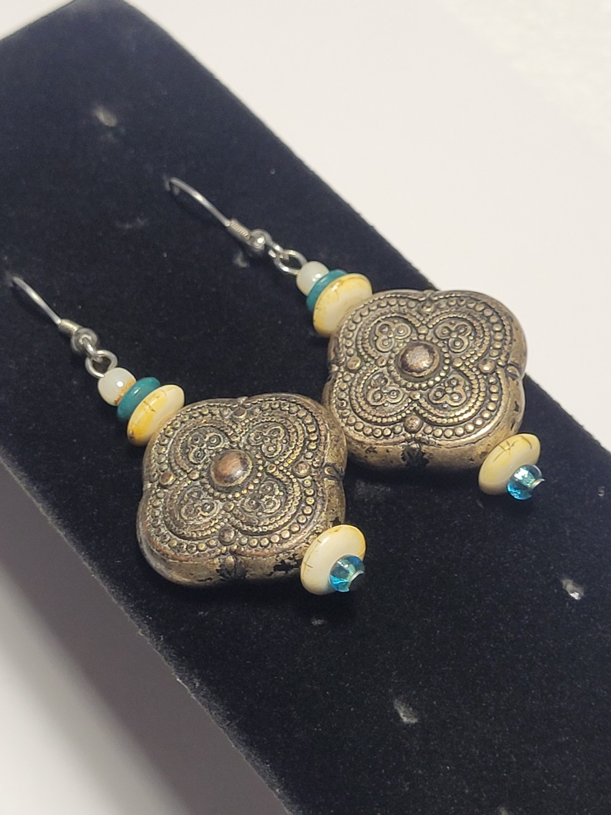 Bronzetone Boho Tribal Style Quatrefoil Clover Dangle Beaded Statement Earrings