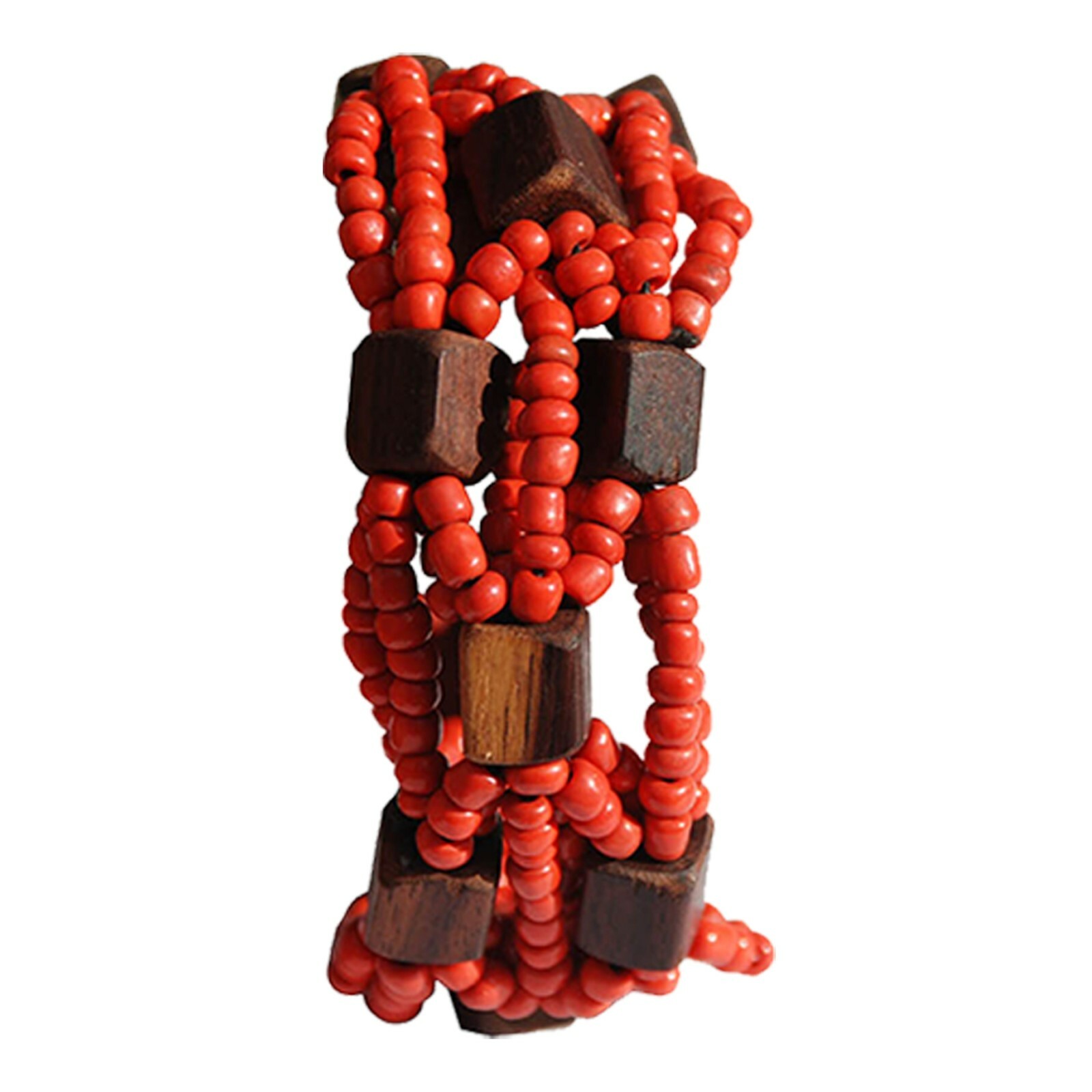Beautiful RED 10-Strand Elastic Glass Beaded Bracelet With Dark Hard Wood Bead