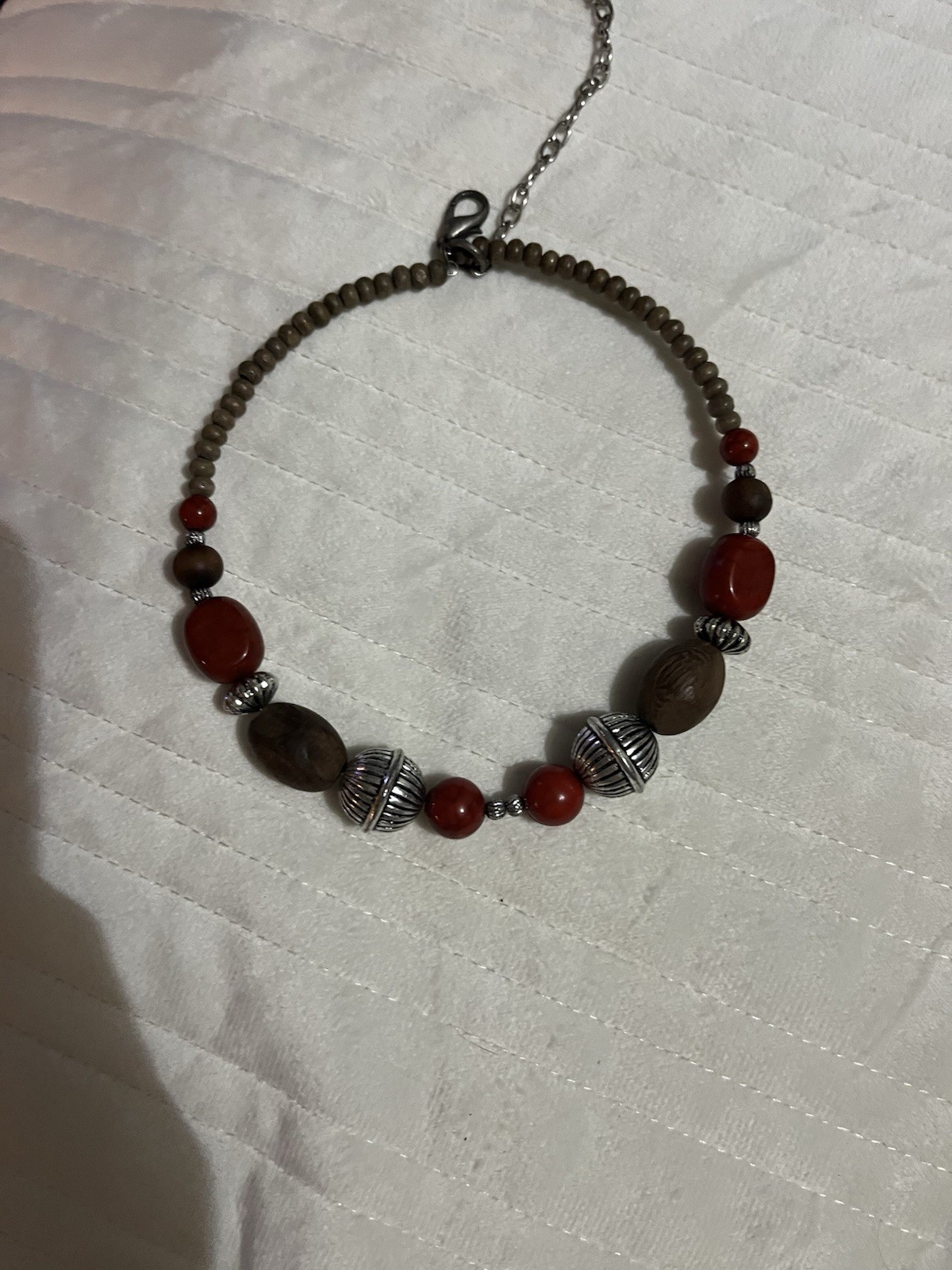 Brown & Red Wood Beaded Necklace with Silver Tone Accents, Hook Closure