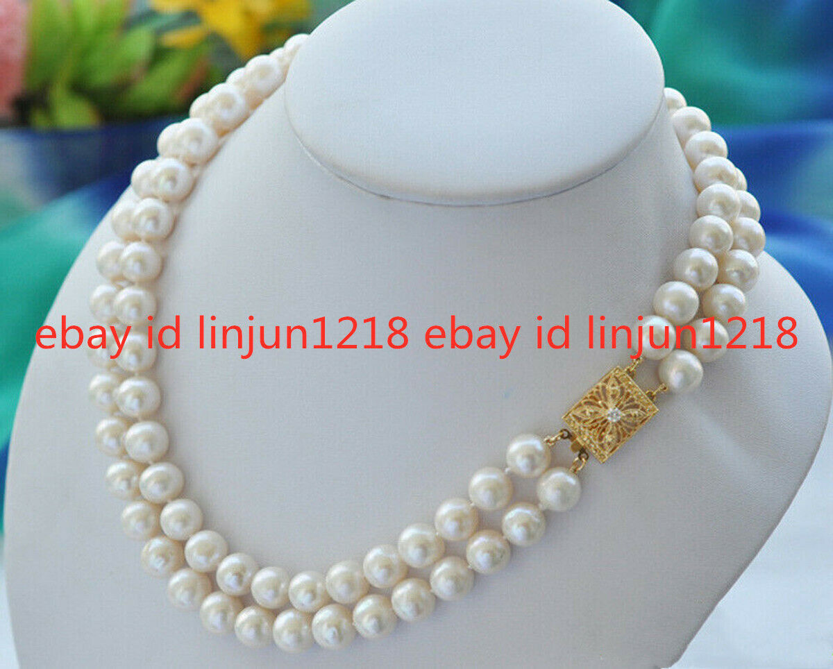 Beautiful 2Row 6-7/7-8//8-9/9-10mm Round White Freshwater Pearl Necklace 18-19in