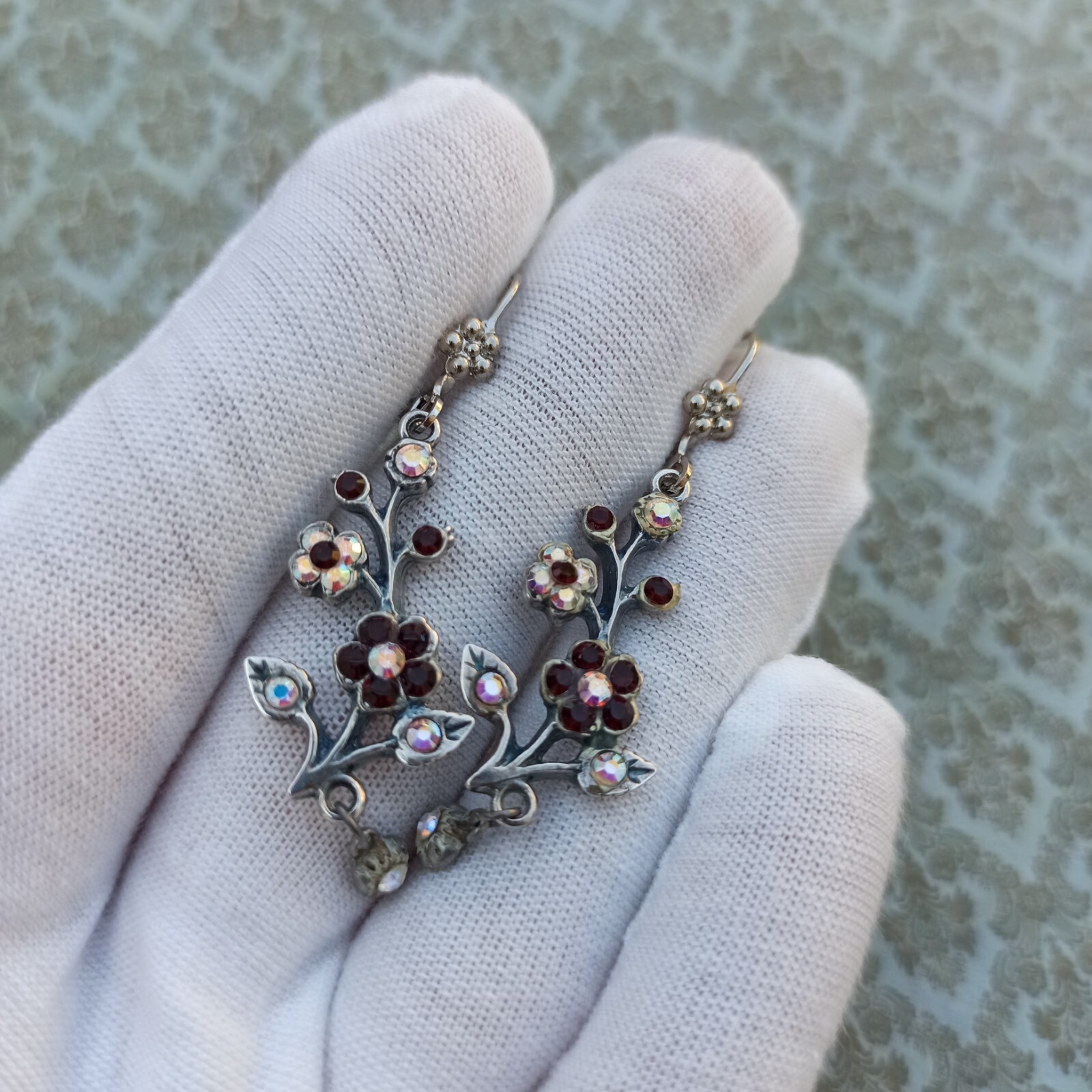 Michal Negrin Earrings Silver Aurora Borealis Red Crystals Long Flower Branch
