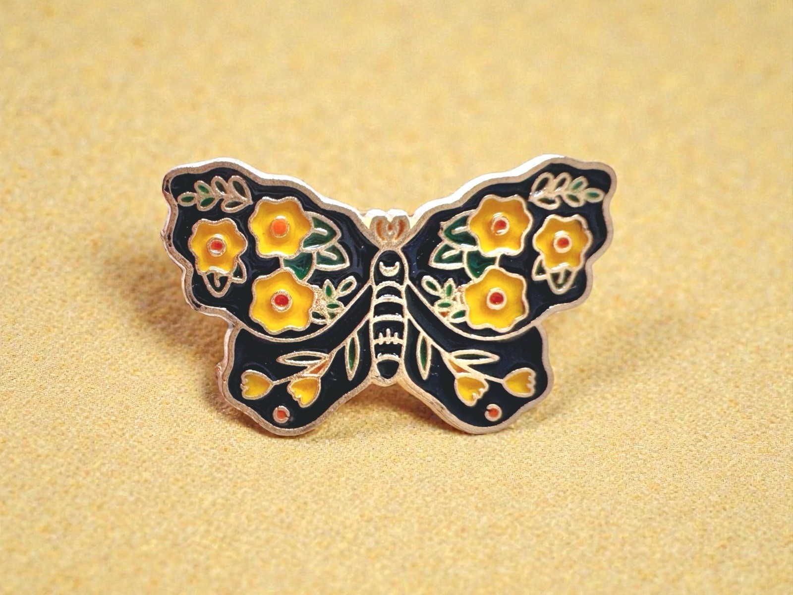 Black and Yellow Flower Winged Butterfly Enamel Pin