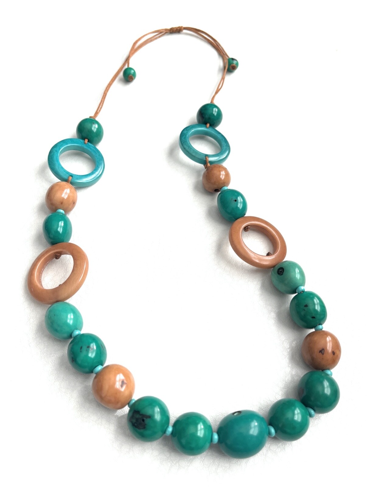 Aqua Green, Tan Tagua Nut Long Necklace Organic Vegetable Ivory Necklace TAG727