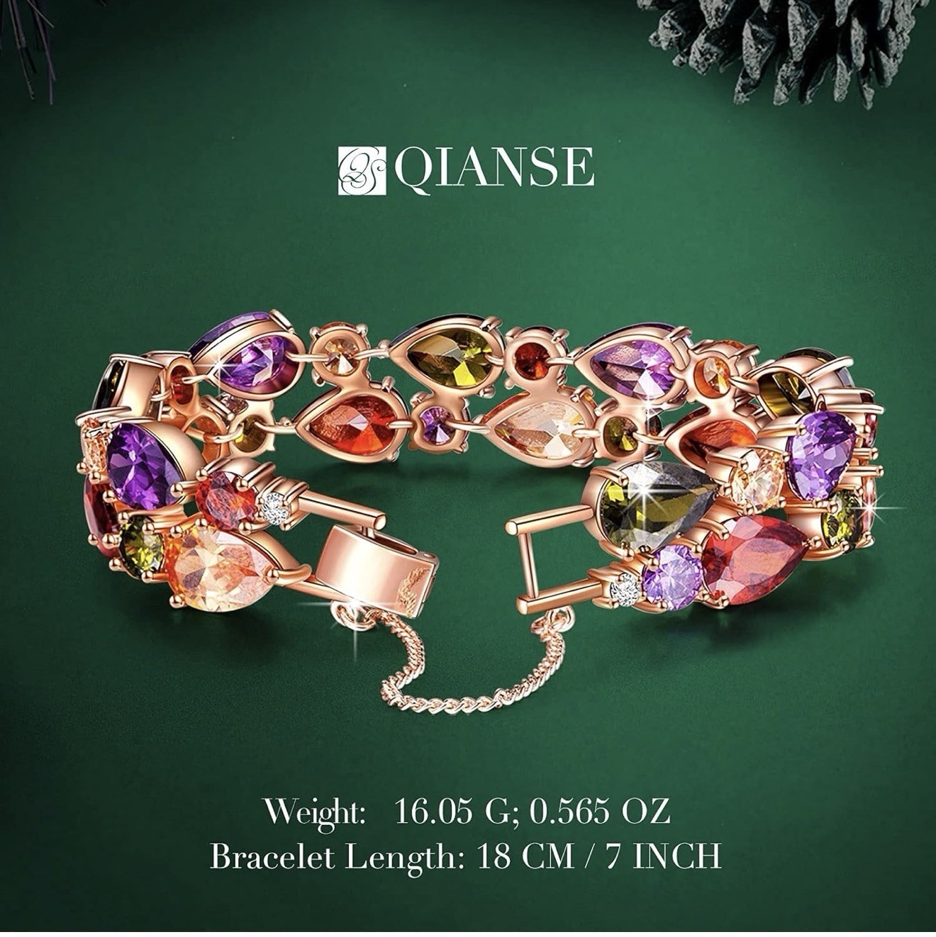 QIANSE Rose Gold Plated Multicolor Teardrop Link Tennis Bracelet 7in