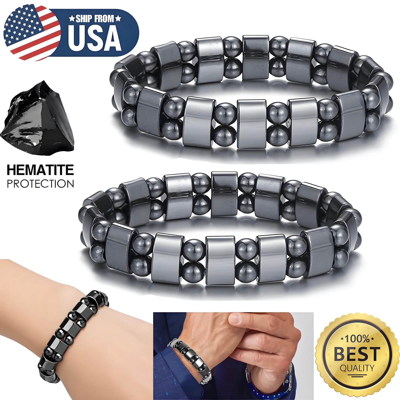 2× Magnetic Hematite Bracelet Pain Relief Powerfull Elastic Therapy Arthritis US
