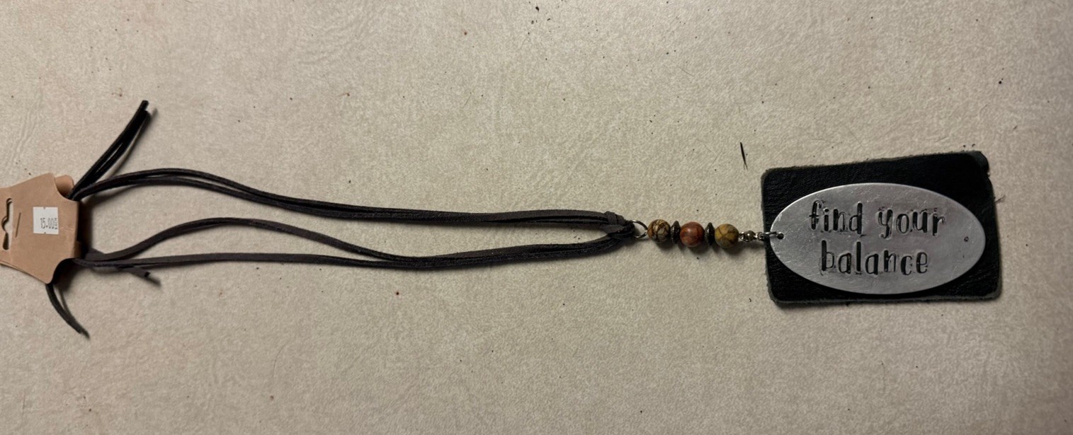 Black Leather Cord Pendant Necklace Silver Tone Oval Charm “Find Your Balance”