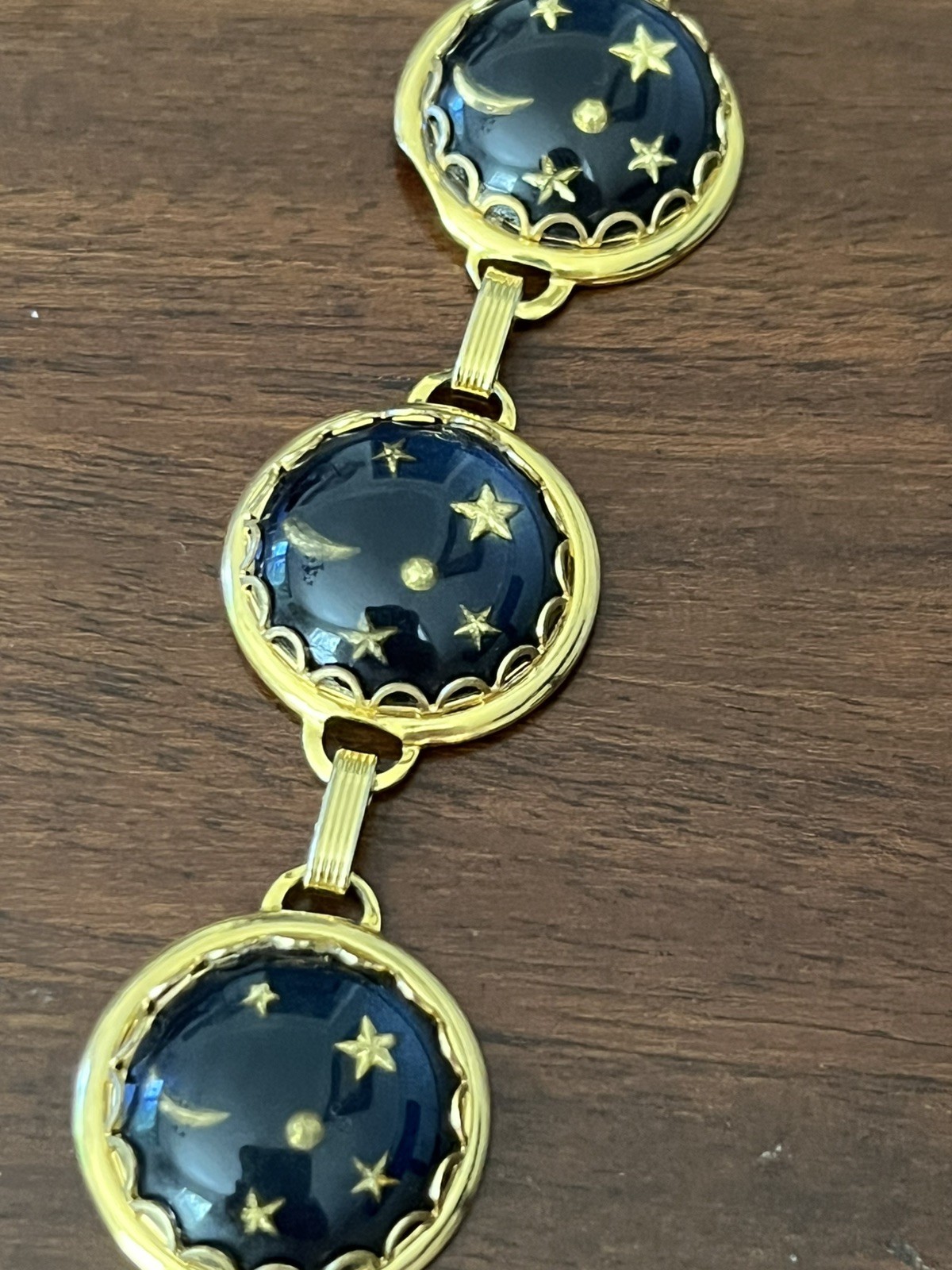Blue and Gold Tone Celestial Bracelet Moon Stars Glass Dome 7.25″