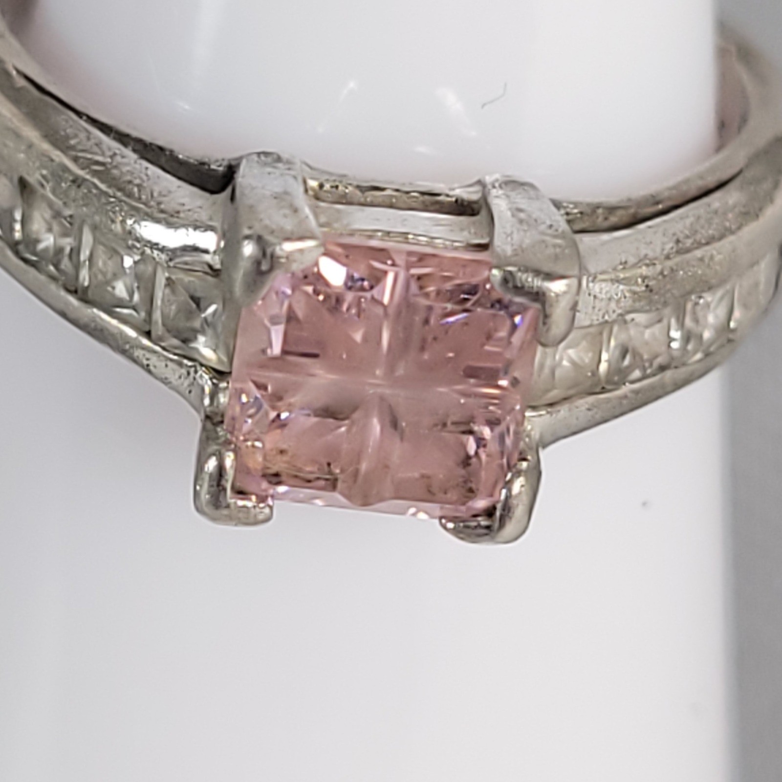 Sterling Silver 925 Pink Princess Cut Glass Ring Size 6 Clear Accents Jewelry