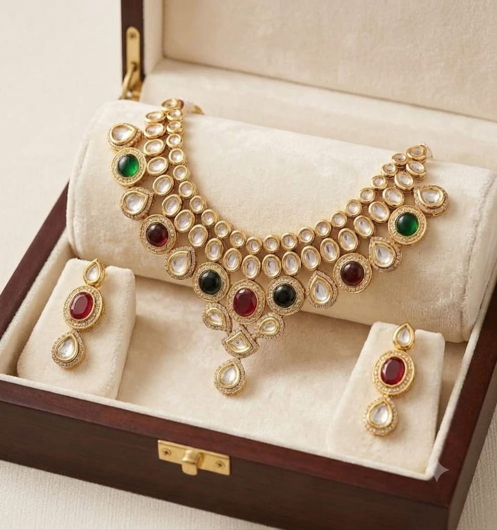 4 in 1 Kundan Bridal Necklace Set Gold Plated Pearl Wedding Jewelry Women