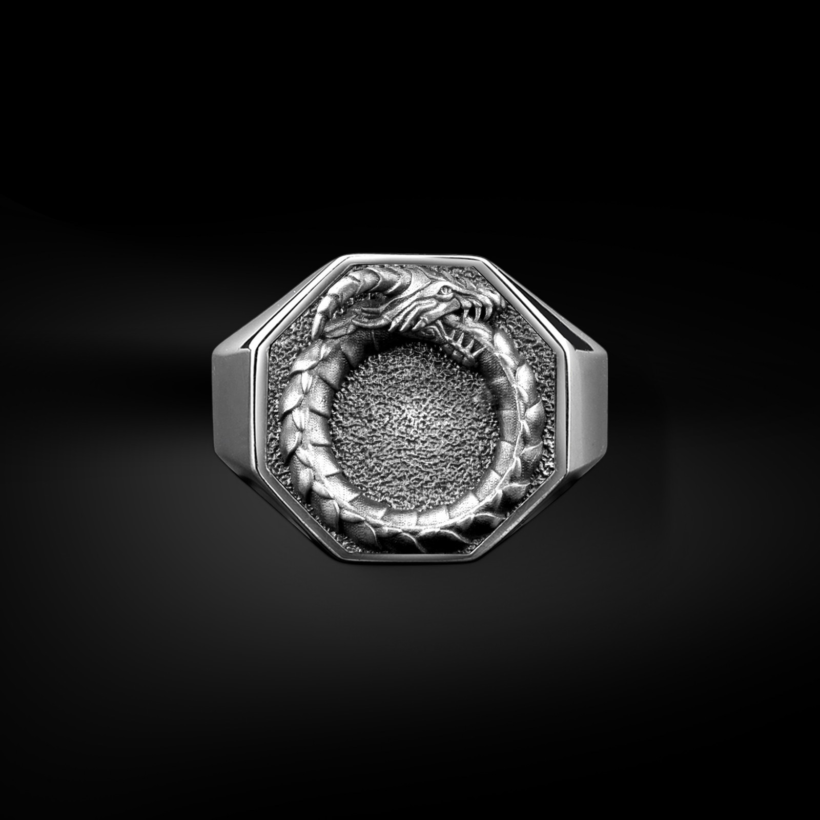 Ouroboros Dragon Polished Silver Ring, Fantasy Geometric Men Gift Jewelry