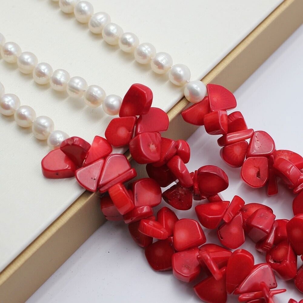 3 Rows Red Coral Natural White Keshi Round Pearl Necklace Handmade For Lady Gift