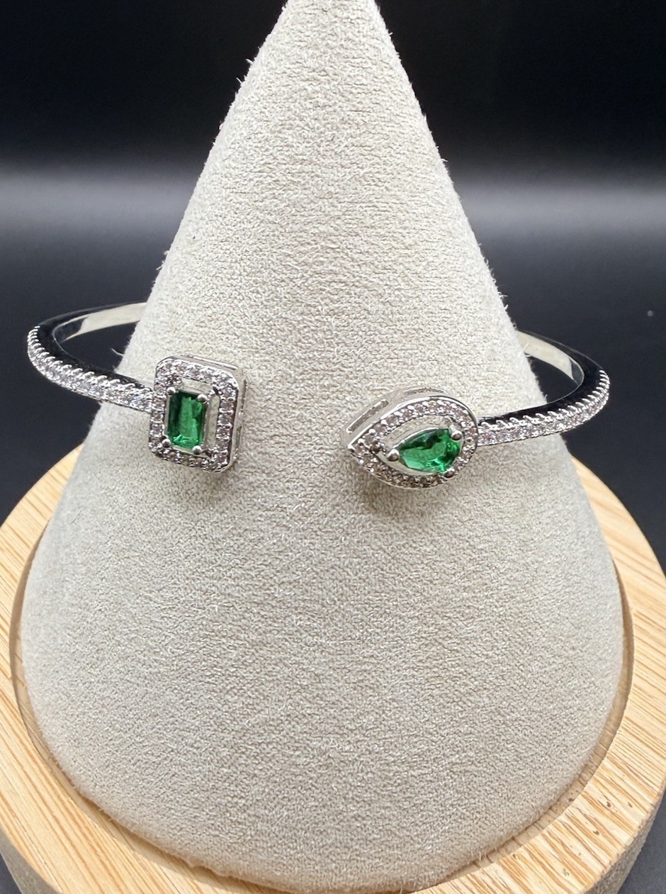 Silver Tone Cuff Bracelet Green Emerald Shape Stone Pavé Clear Accents Metal