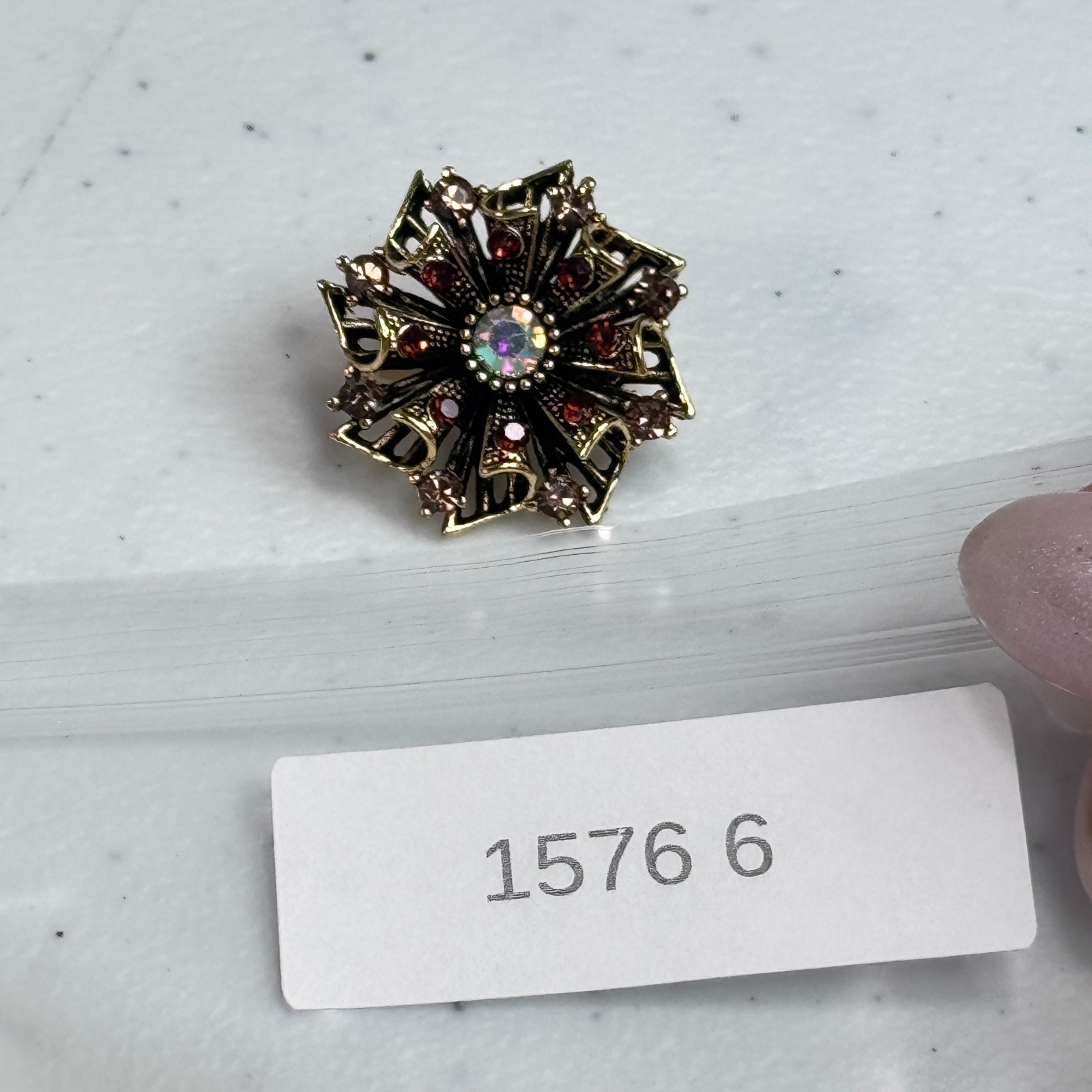 Brooch Red Rhinestone Aurora Borealis Floral Gold Tone Layered Flower 1576-6