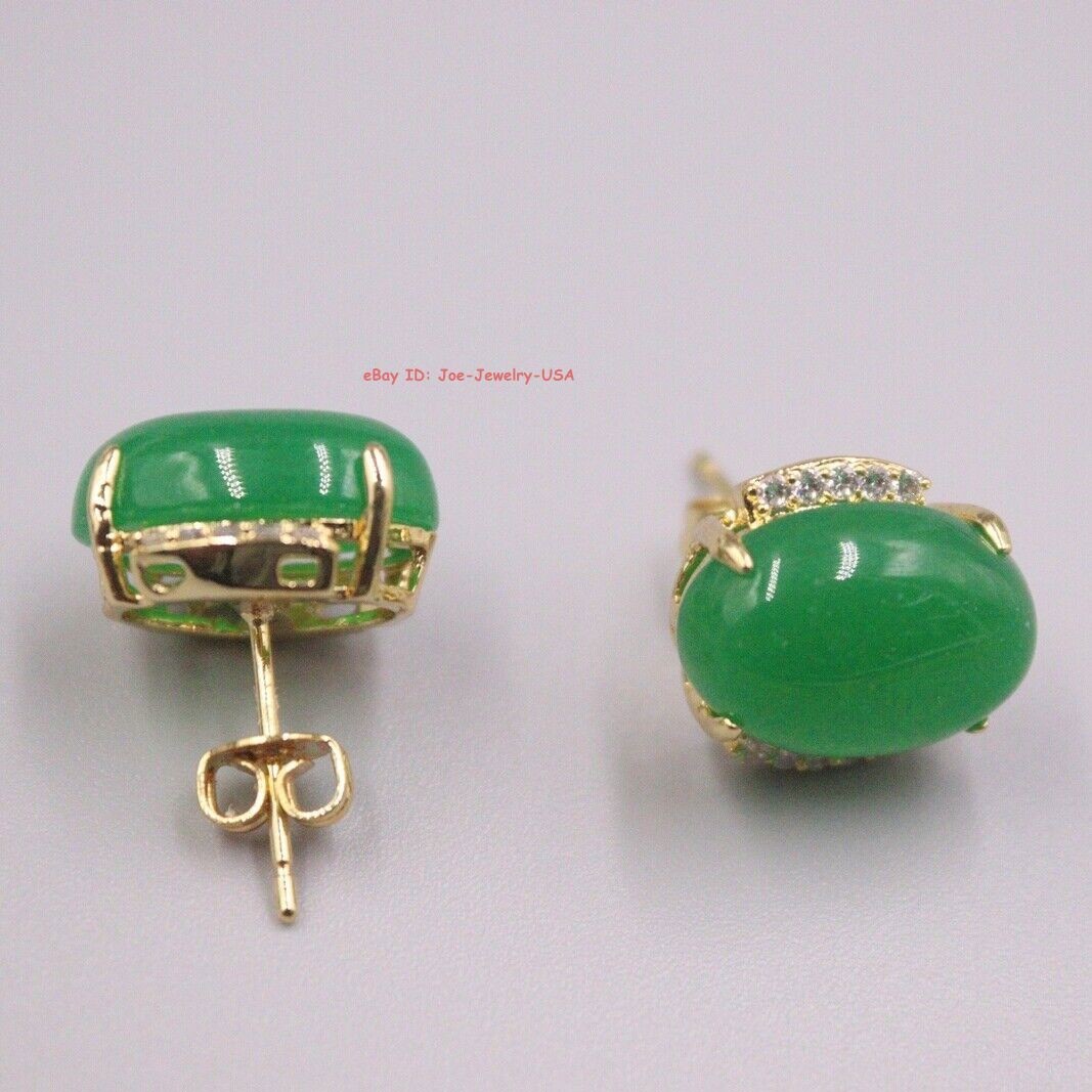 Gold-Pated Alloy with Heated Oval Dark-Green Jade Stud Earrings 10mm W