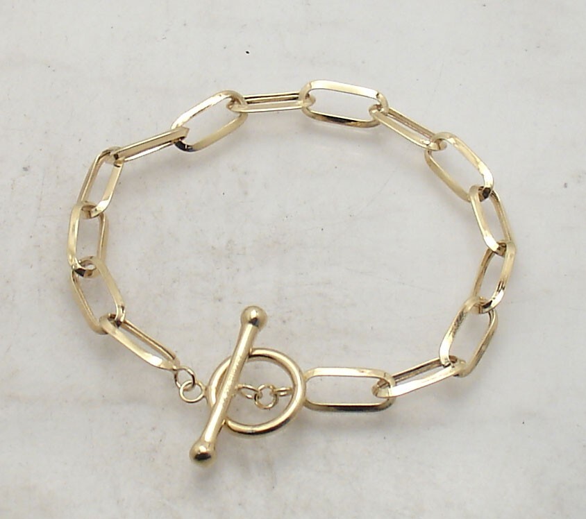 Technibond Oval Paper Clip Bracelet Toggle Clasp 14K Yellow Gold Plated Silver