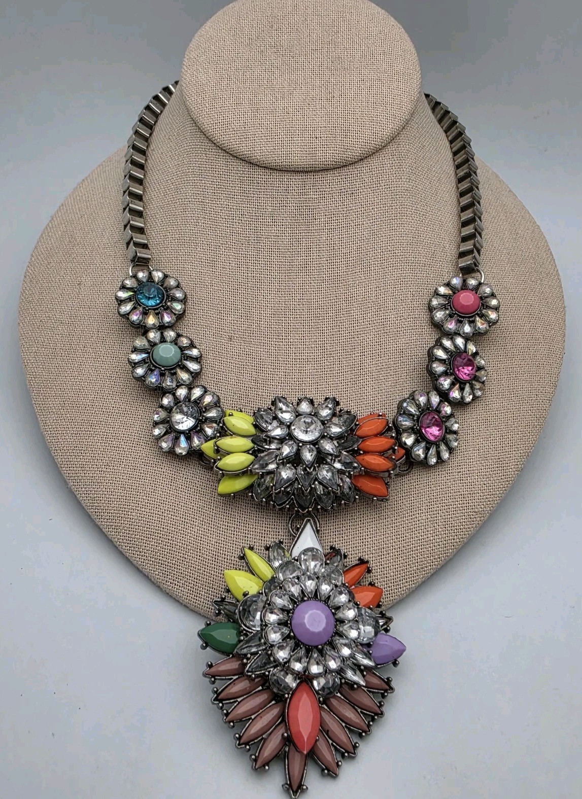 Large Floral Bib Statement Multi Color Necklace Rhinestone Box Chain Silver Tone