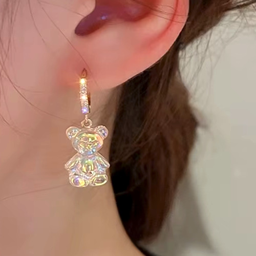 Adorable TEDDY BEAR Rhinestone Gold Clear Dangle Betsey Johnson Earrings
