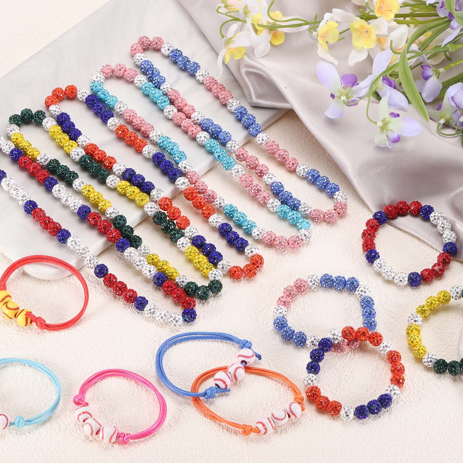 4Pcs Baseball Necklace Set 7″ Bling Beaded Chain 18″ Bracelet Red/White