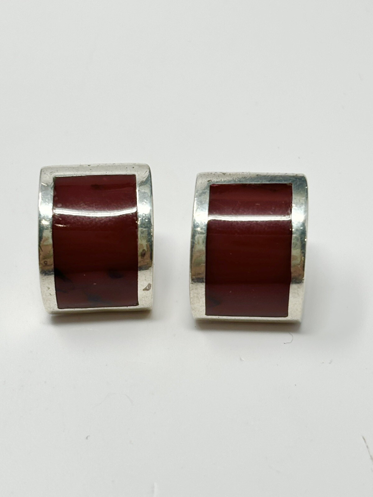 Sterling Silver 925 Red Jasper Inlay Black Veined Dome Post Back Earrings