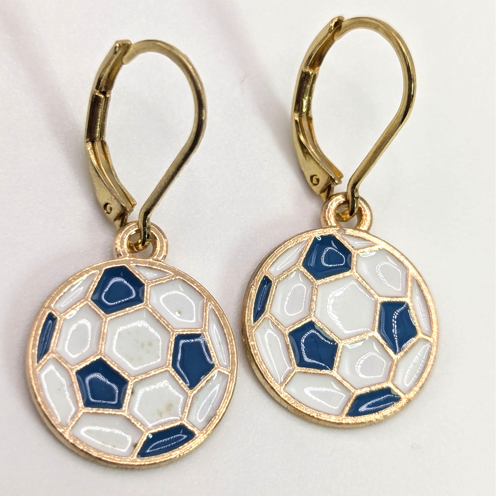 Soccer Ball Dangle Drop Earrings, 24K gold plated leverbacks, enamel, blue/white