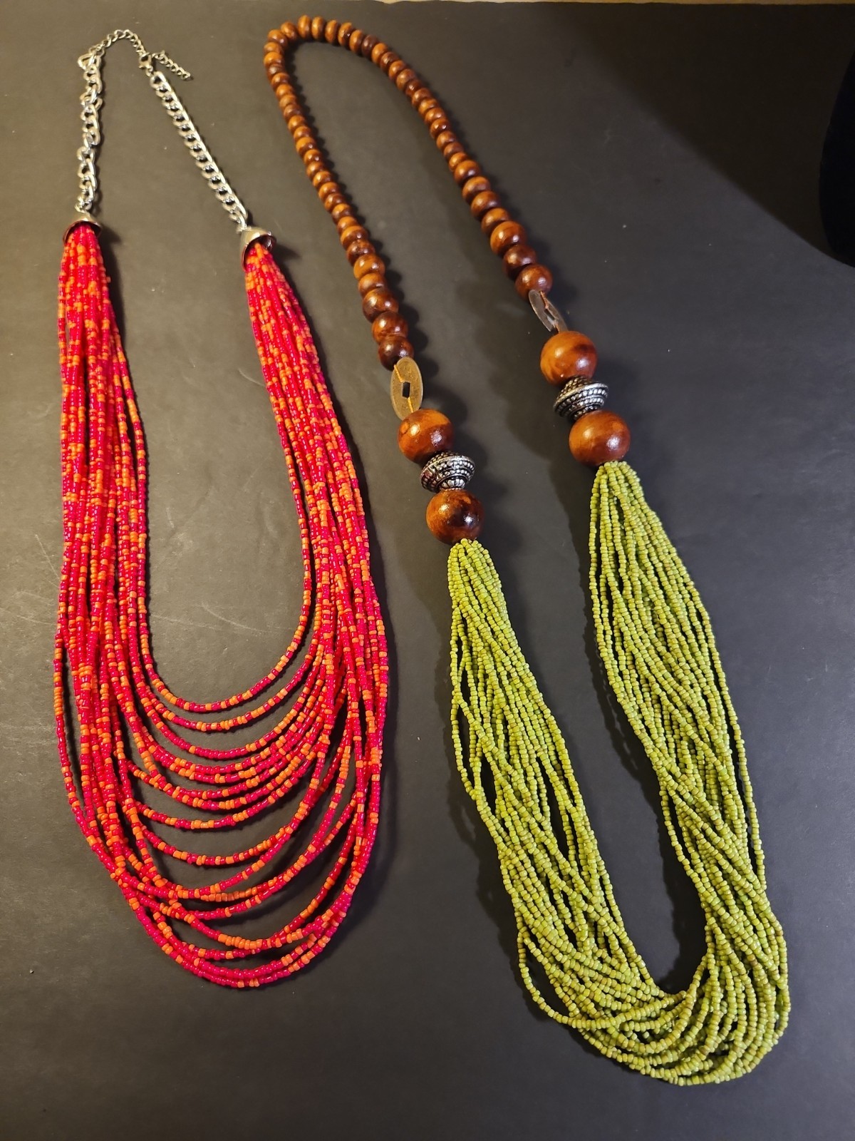 Beaded Long Necklace Statement Green Wood Red Beach Cruise Summer Party