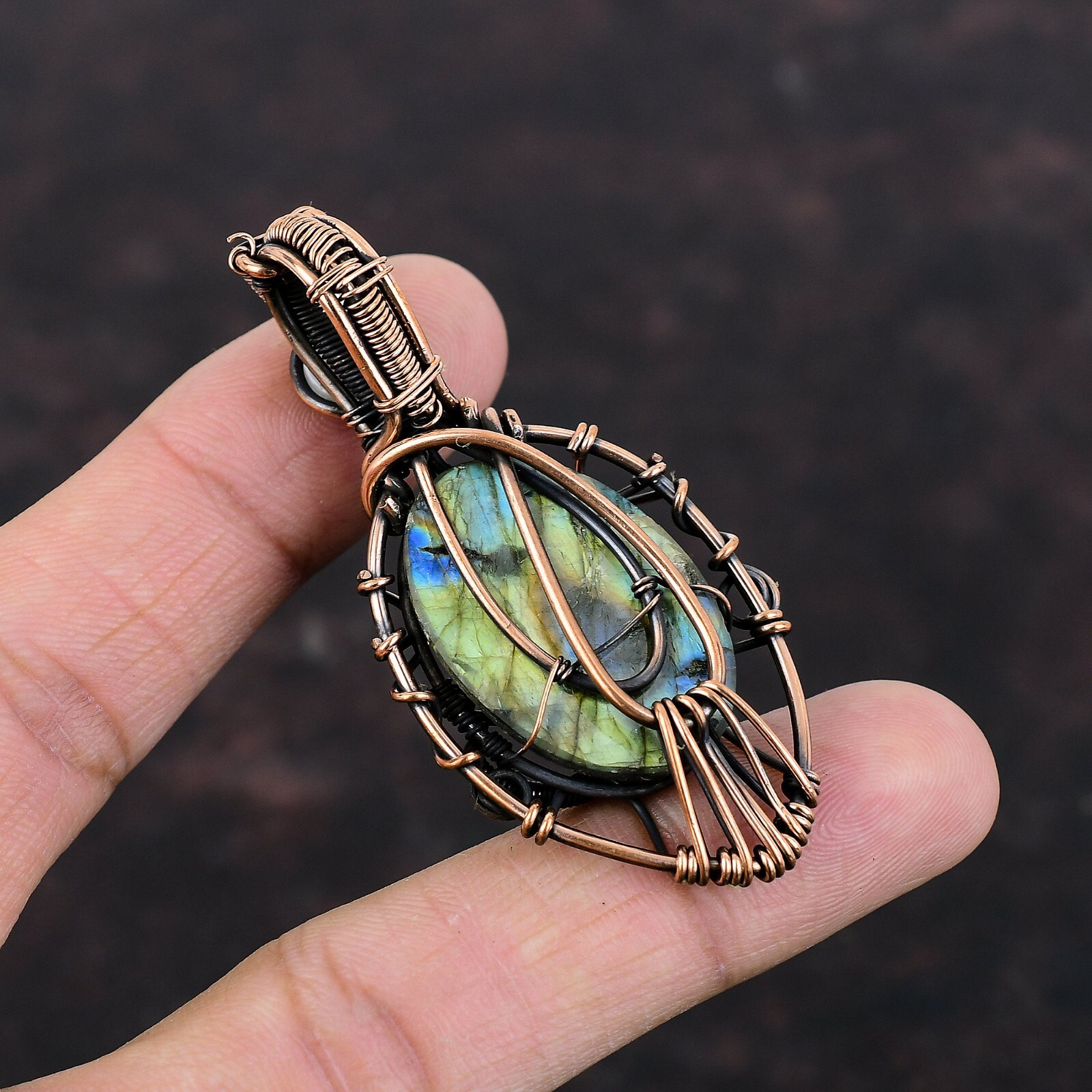 Mystic Fire Labradorite Copper Gift For Love Wire Wrapped Evil Eye Pendant 2.6″