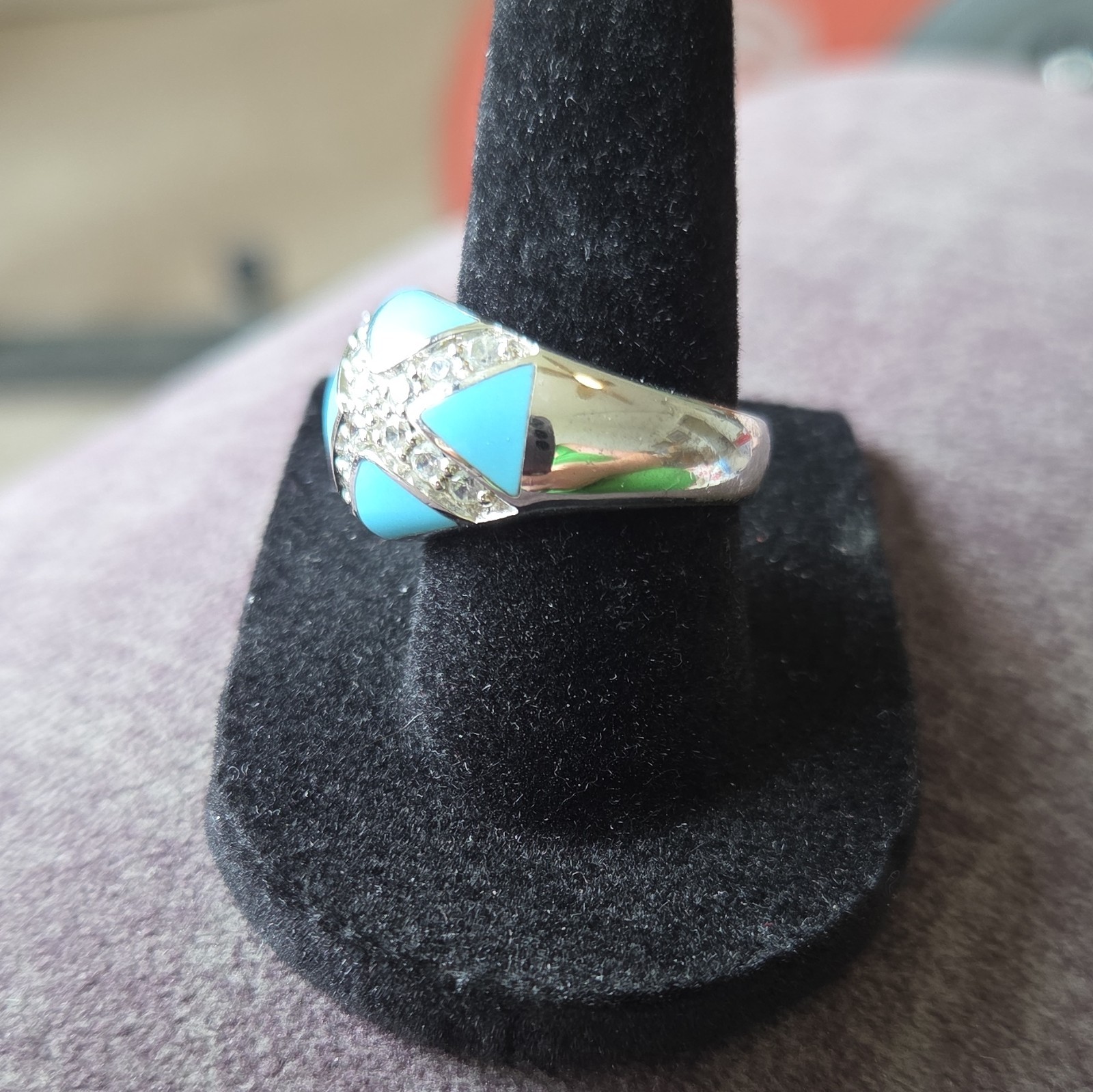 Silver Tone Blue Enamel Rhinestone Cocktail Ring Size 7 Pre-Owned