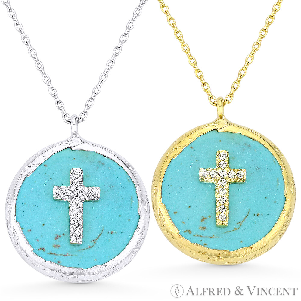 Cross Christian Charm CZ Turquoise Enamel 925 Sterling Silver Pendant & Necklace