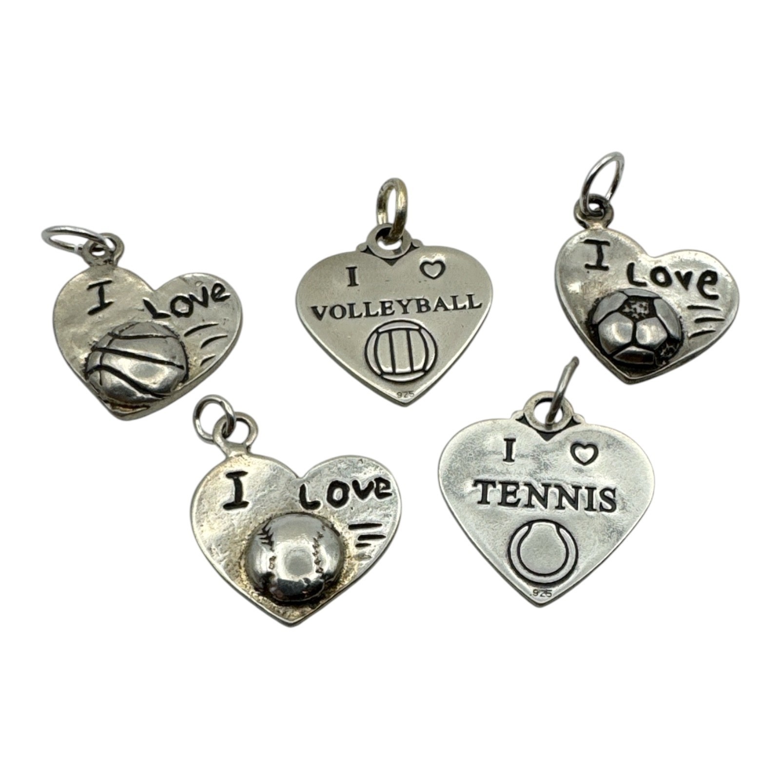 925 Sterling Silver I Love Sports Heart Charms Made in USA Choose Your Sport