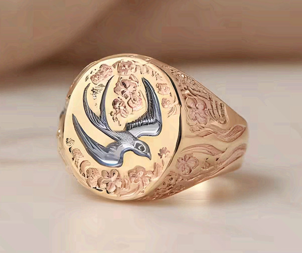 Rose Gold Copper Signet Ring Swallow Bird