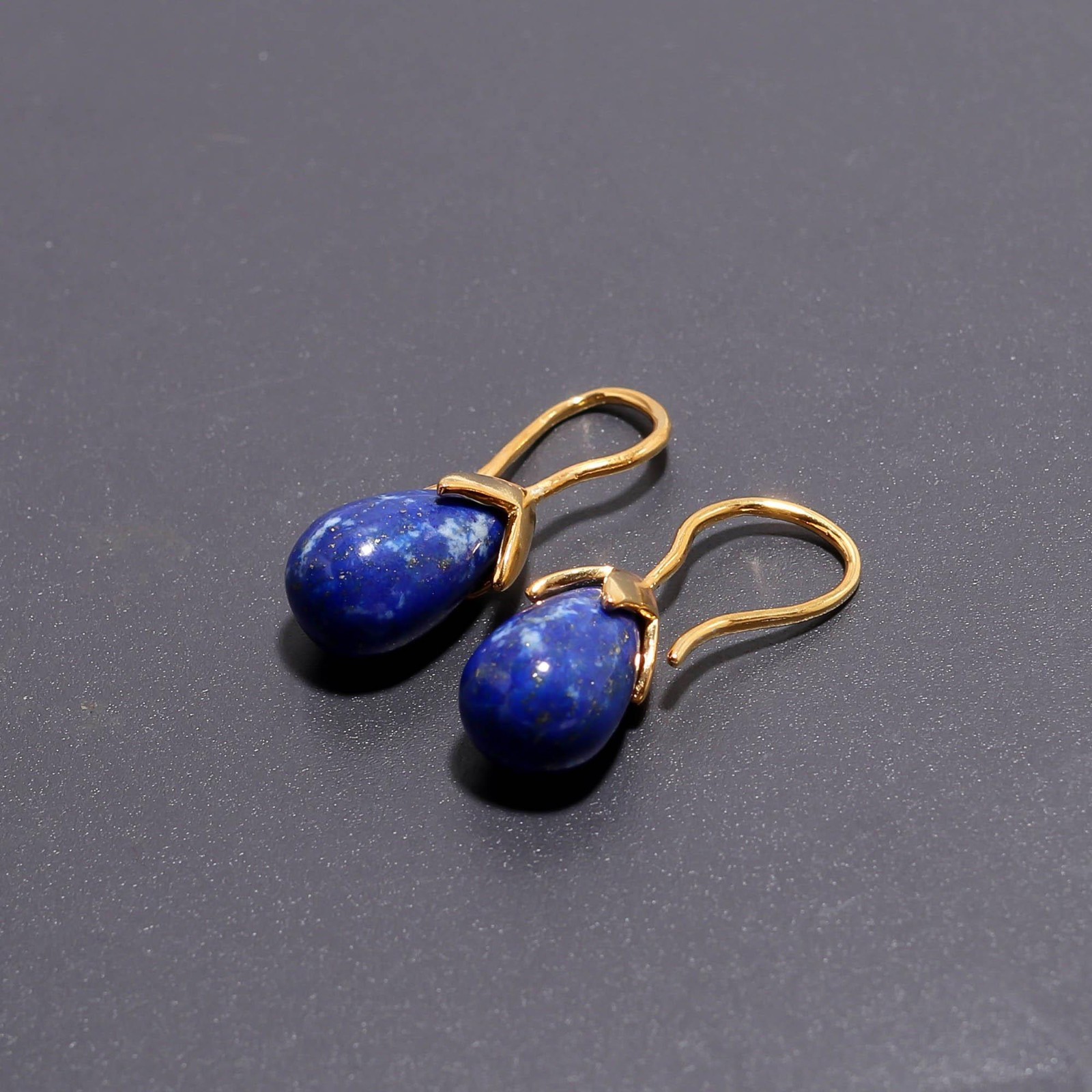 Natural Lapis Lazuli Teardrop Dangle Earrings Gold Plated Solid Silver Jewelry