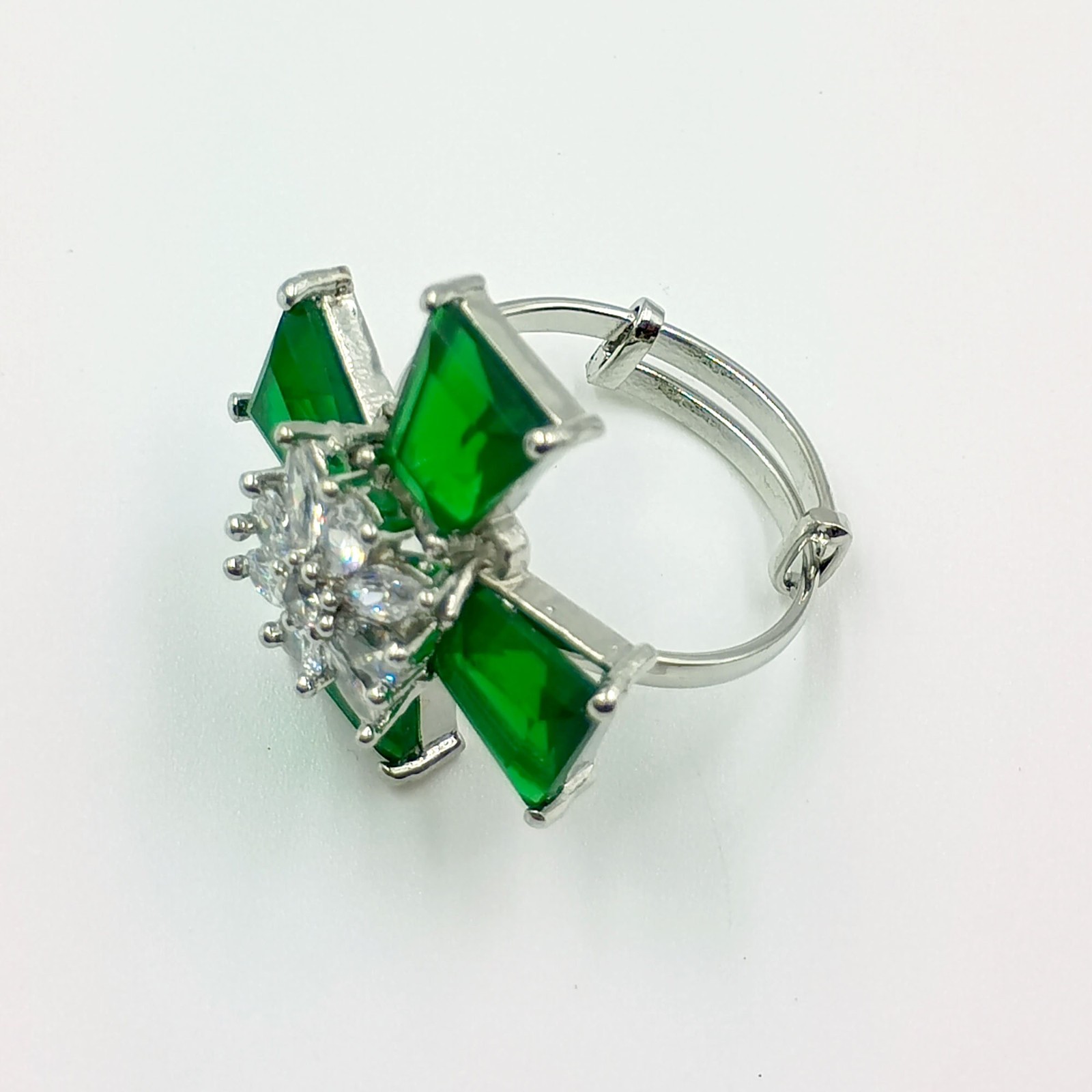 Elegant Green Stone Cross Ring White Plated Cubic Zirconia Adjustable Band Gift