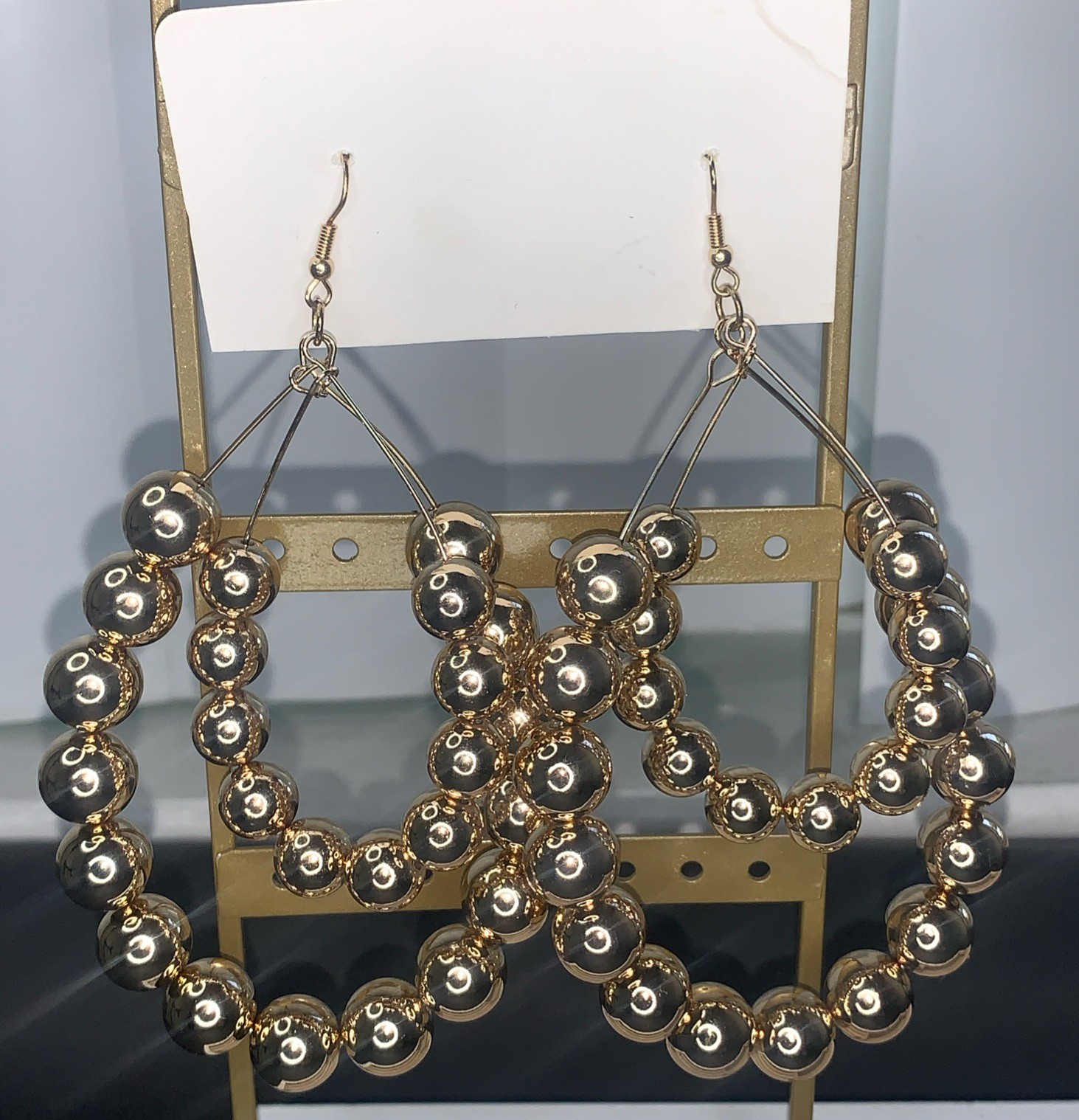 Beaded Double Teardrop Earrings Large Gold Tone Statement Dangle Lightweight