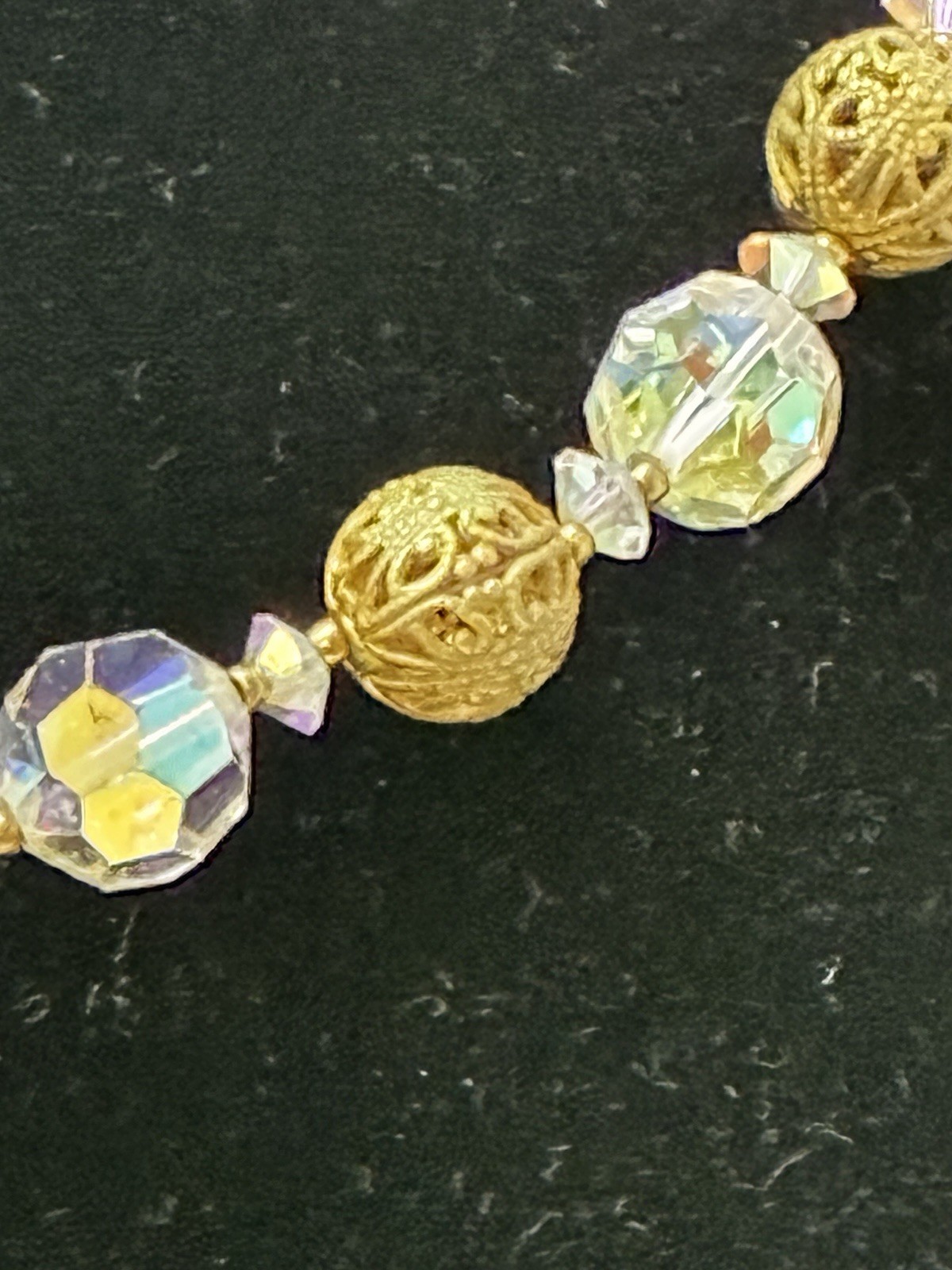 Vintage 16″ Aurora Borealis Crystal & Gold Filigree Choker & Bracelet Set