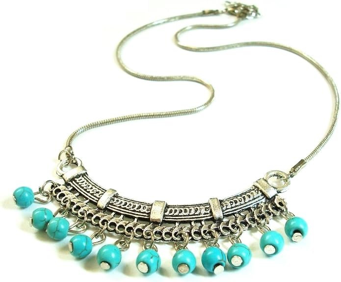 Vintage Turquoise Bead Charms Retro Fashion Necklace 20″ Zinc Alloy Lobster