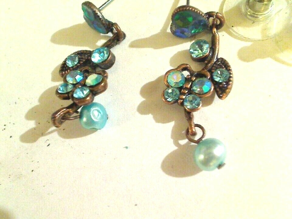 Vintage Copper Butterfly Blue Stones Earrings Pierced